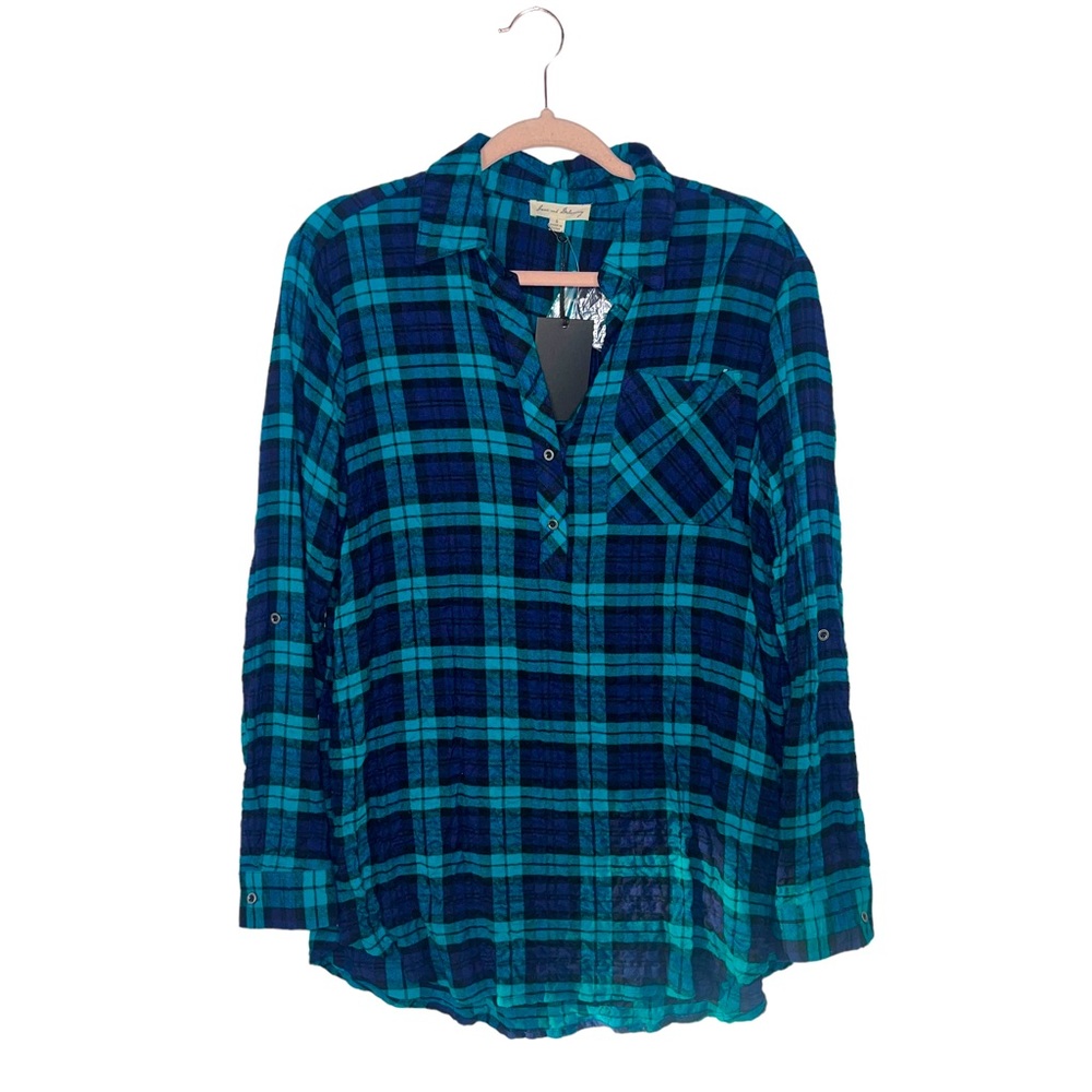 JANE AND DELANCEY Navy Blue and Green Plaid Shirt S NWT